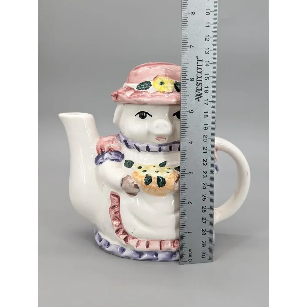 Anthropomorphic Ceramic Painted Pig & Flowers Tea Pot 6.5